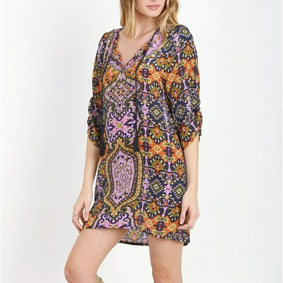 Tolani Tessa Silk Tunic Dress Size Small Tasseled V-Neckline 3/4 Sleeves Boho - Picture 11 of 11